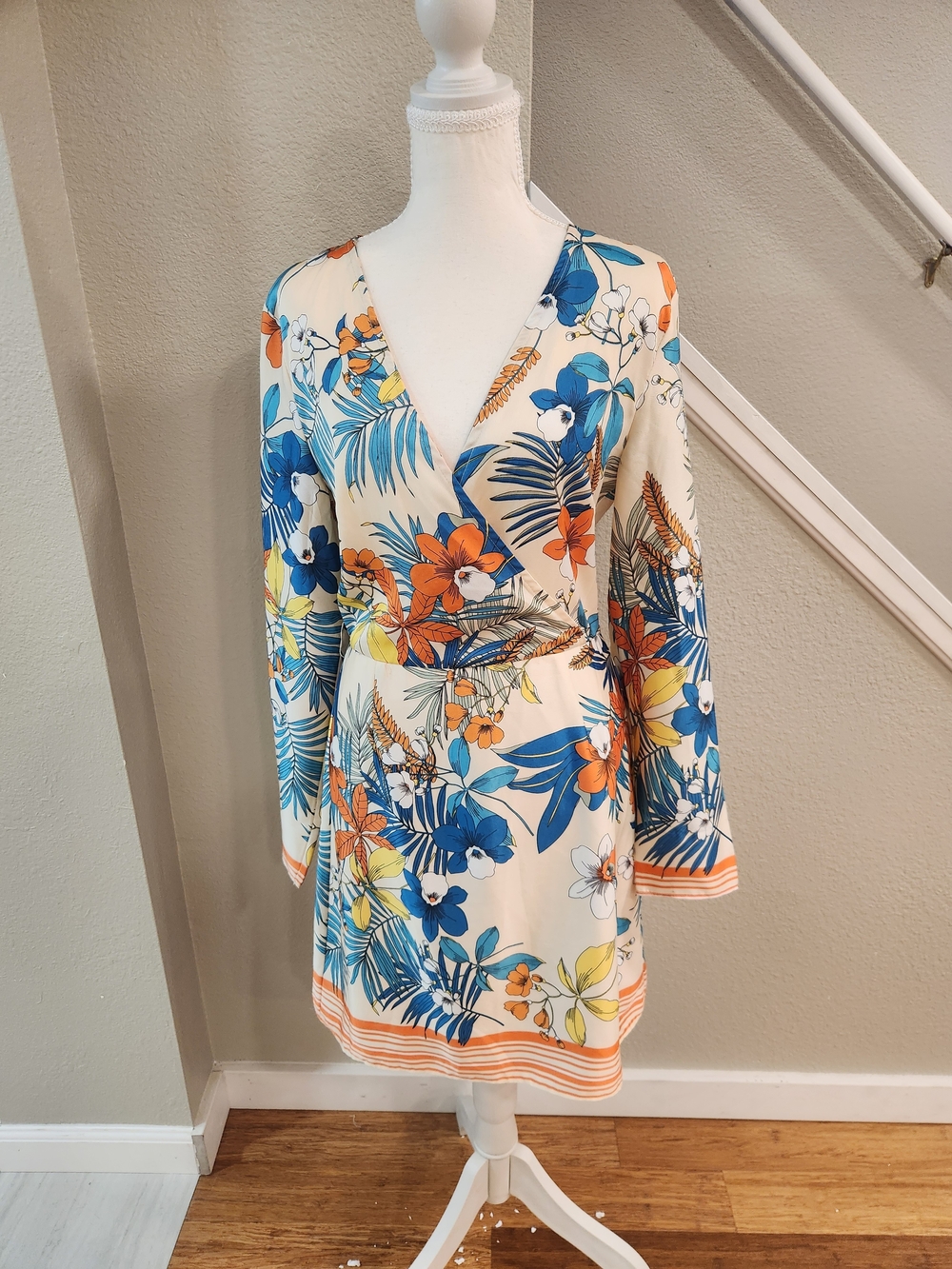 Tropical Floral Wrap Mini Dress in Cream with Blue & Orange Print